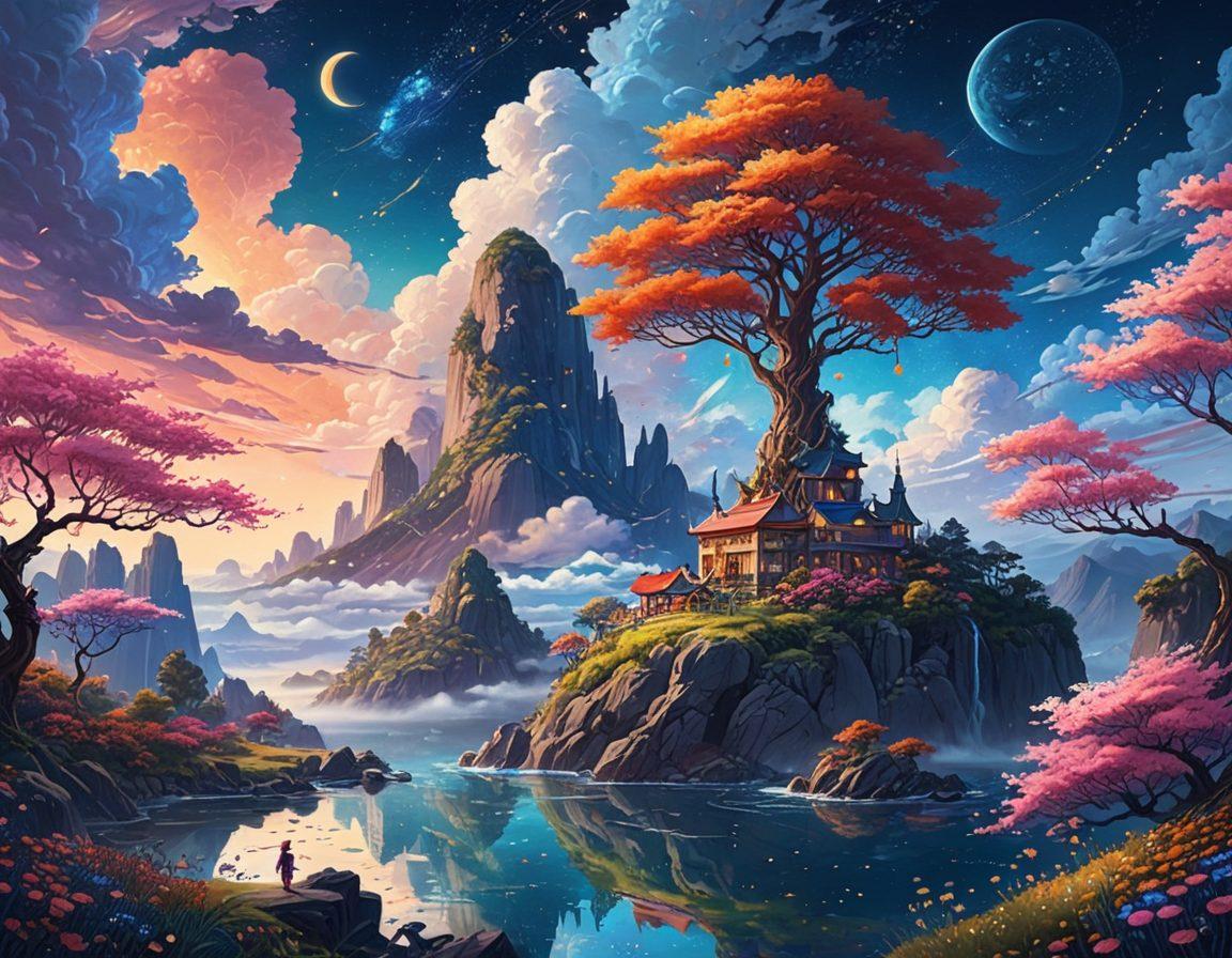 A captivating, surreal illustration of an ethereal landscape blending anime aesthetics with adult themes, showcasing vivid characters in an imaginative world filled with whimsical elements. Include rich colors and intricate details that evoke allure and fantasy, with subtle hints at both adventure and intimacy. Incorporate playful, dreamlike clouds and a starry night sky to enhance the enchanting atmosphere. digital painting. vibrant colors. fantasy art.