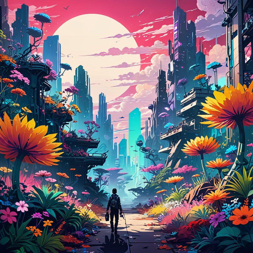 A vibrant, abstract landscape that symbolically represents the fusion between artistic expression and graphic themes of hentai. Include whimsical, surreal elements like oversized flowers and fantastical creatures, intermingled with subtle hints of digital culture (like pixelated patterns). Incorporate diverse characters interacting joyfully, conveying a sense of community and exploration. Use bold colors and striking contrasts to evoke curiosity and depth. cyberpunk. vibrant colors. surreal. 3D.